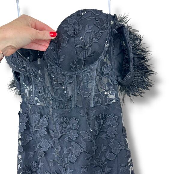 Lulus NWT Midnight Sparkle Black Embroidered Feather Bustier Maxi Dress XS - Picture 5 of 13
